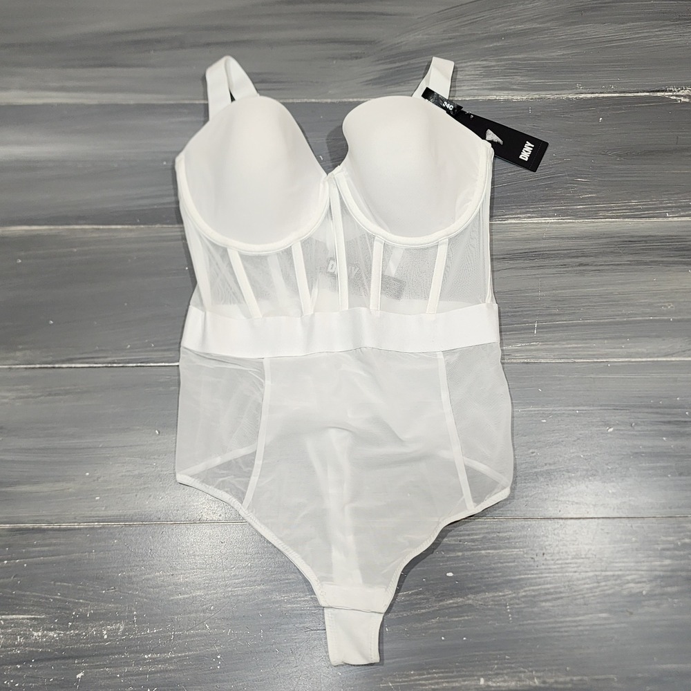 DKNY Sheer‎ Strapless Bodysuit White Mesh Underwire Corset 34C DK6008 NEW
